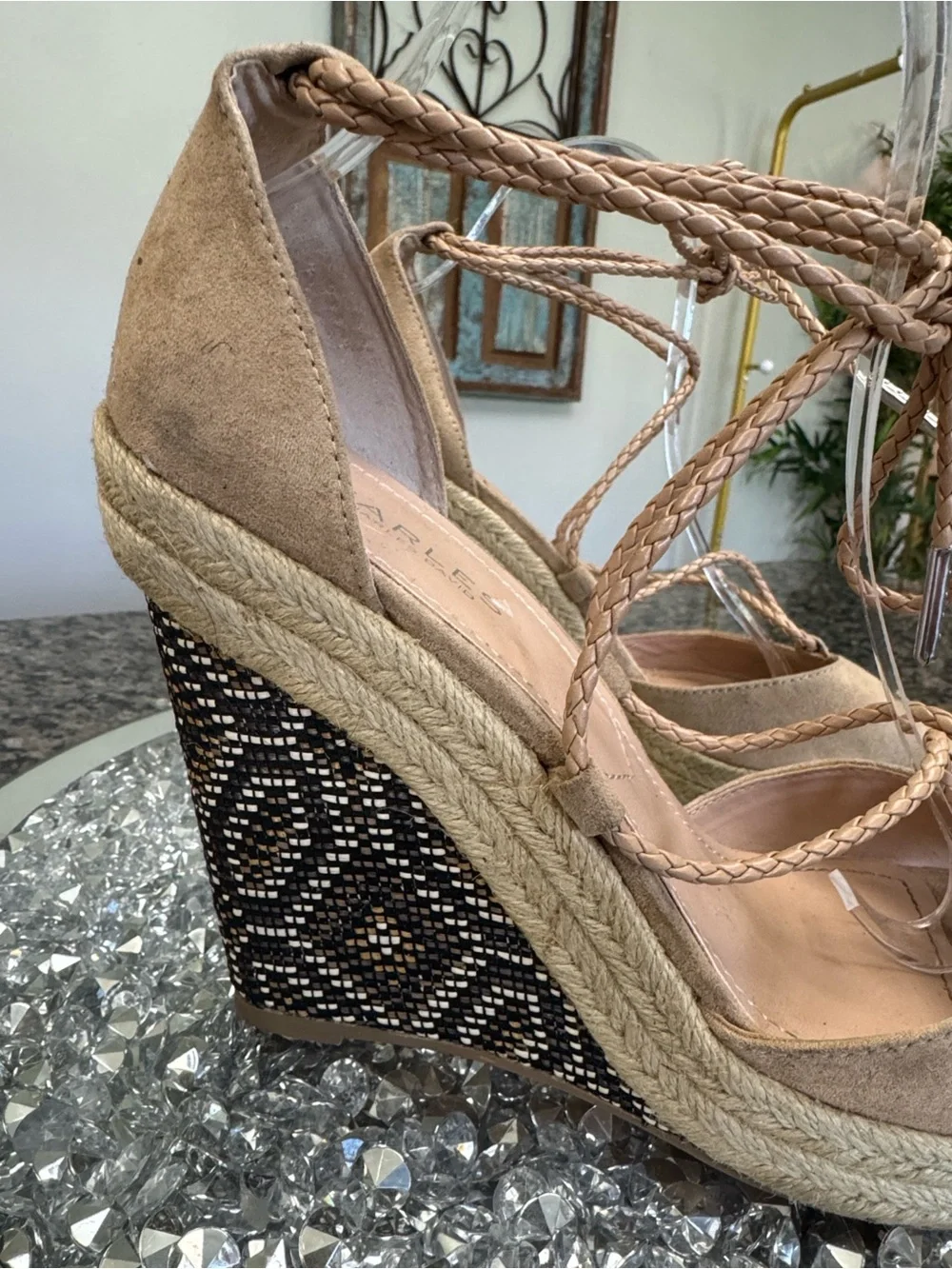 Charles By Charles David Neutral Tan Espadrille Wedge Sandals with beaded wedge